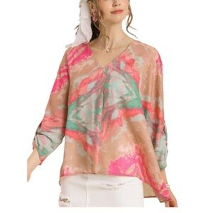 Umgee Vibrant Pink/Green Marble Swirl Plus Size 2X Women's Blouse Kimono Top